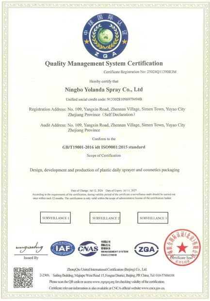 Trung Quốc Ningbo Yolanda Spray Co., Ltd. Chứng chỉ