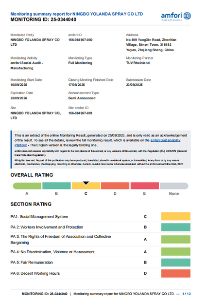 Trung Quốc Ningbo Yolanda Spray Co., Ltd. Chứng chỉ